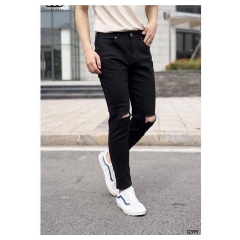 Quần Jean Dài Nam Rách Gối Màu Đen Chất Bò Cao Cấp Co Dãn 4 Chiều Cực Đẹp , From Dáng Skinny mẫu 99861 Siêu Đẹp