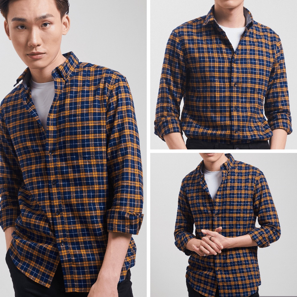 Sơmi STS tay dài chất vải dạ kiểu caro màu vàng phối xanh dáng ôm có túi trước ngực SASM62 | Hẻm Store | BigBuy360 - bigbuy360.vn