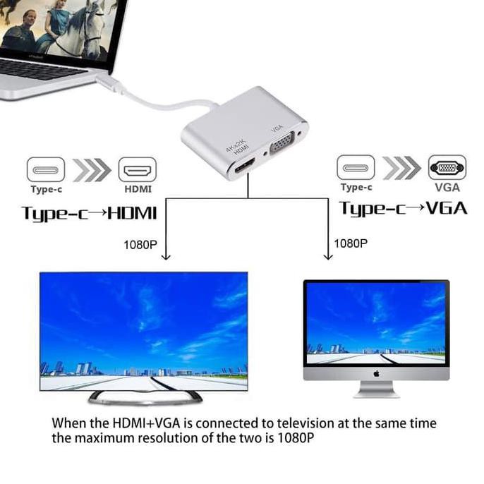 Bộ Chuyển Đổi Usb Type C Sang Hdmi & Vga 2 Trong 1 Xvf-958 Hỗ Trợ 4k Type C Sang Hdmi Vga