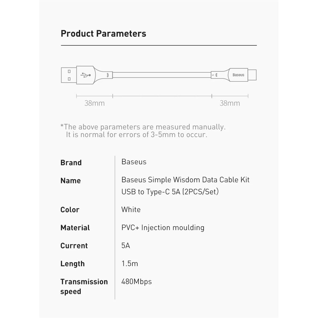 Combo 2 Cáp Sạc Nhanh 1.5m USB to Type-C Baseus Simple Wisdom Data Cable Kit PD 5A Sạc nhanh QC3.0 SCP