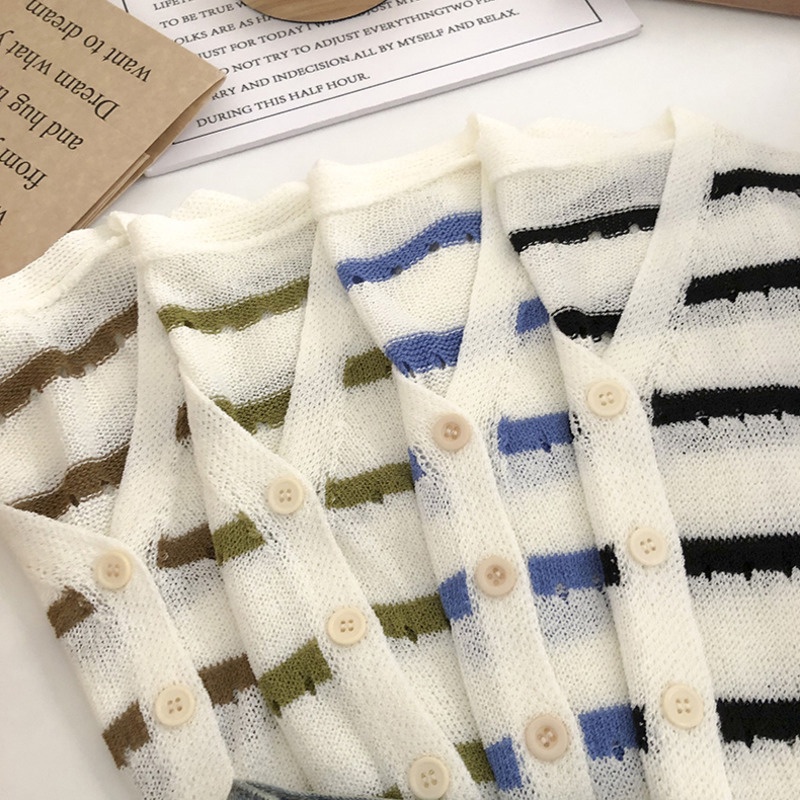 Áo Len Tay Ngắn Cổ Chữ V Họa Tiết Kẻ Sọc Thời Trang Dễ Thương Cho Nữ