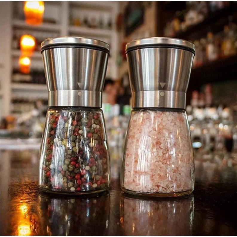 Lọ xay hạt tiêu. Bình xay hạt tiêu. Kích thước 13,5 x 6,5cm. Dung tích 150ml. Thủy tinh, INOX.