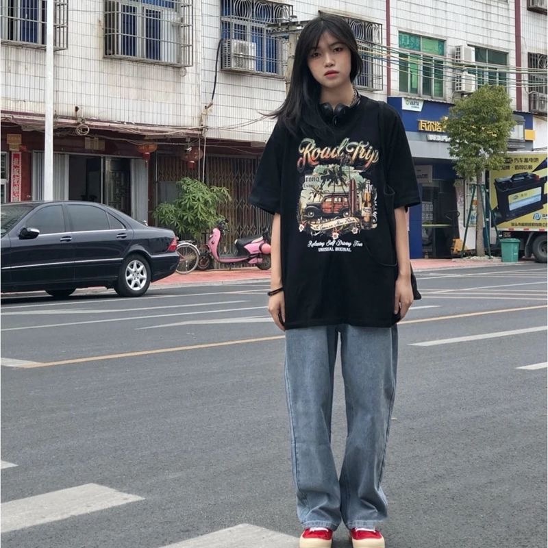 Áo Thun Đen Dáng Rộng In Chữ Phong Cách Retro Thời Trang Mùa Hè Cho Nam Và Nữ