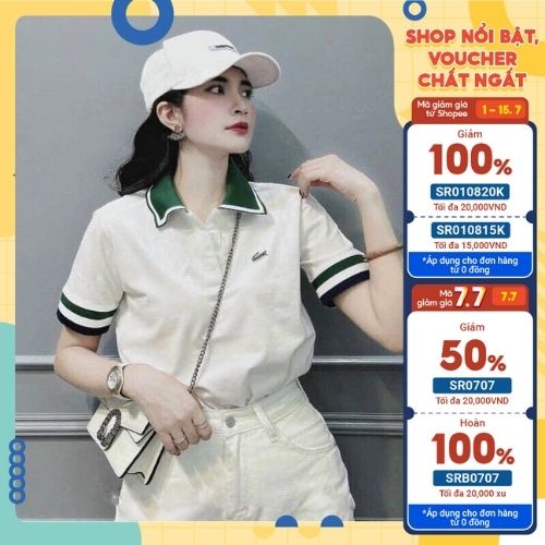 Áo thun polo Lacoste trắng cổ bẻ viền xanh unisex nam nữ chất cotton cá sấu đẹp