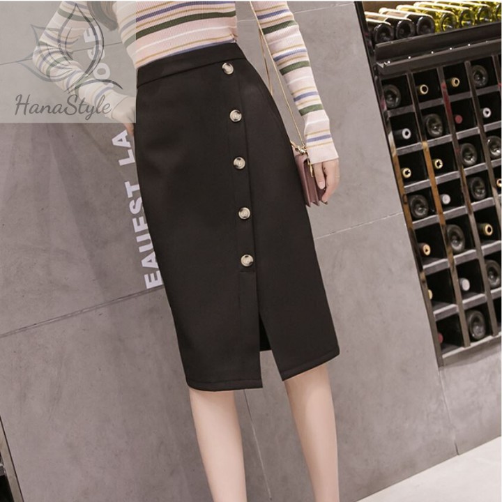 Chân váy bút chì đính nút HN077 - nhiều size và màu, form dáng đẹp dễ dàng phối hợp cùng áo sơ mi áo thun, thích hợp mặc