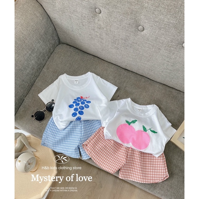 Set Cộc Tay Hoa Quả Áo Chất Vải Cotton Phối Quần Kẻ Đũi Cho Bé Trai, Bé Gái - Tobukids.vn