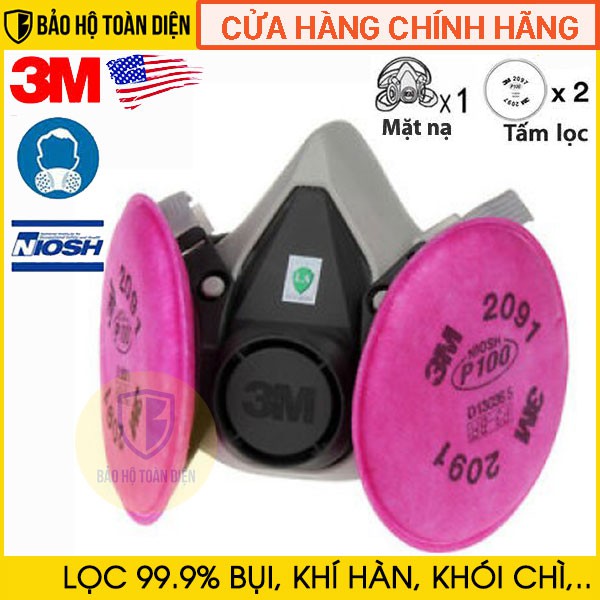 Bộ mặt nạ 3M 6200 kèm tấm lọc bụi, khói hàn, hơi độc 3M 2091 giá CỰC RẺ, Xứng đáng đồng tiền