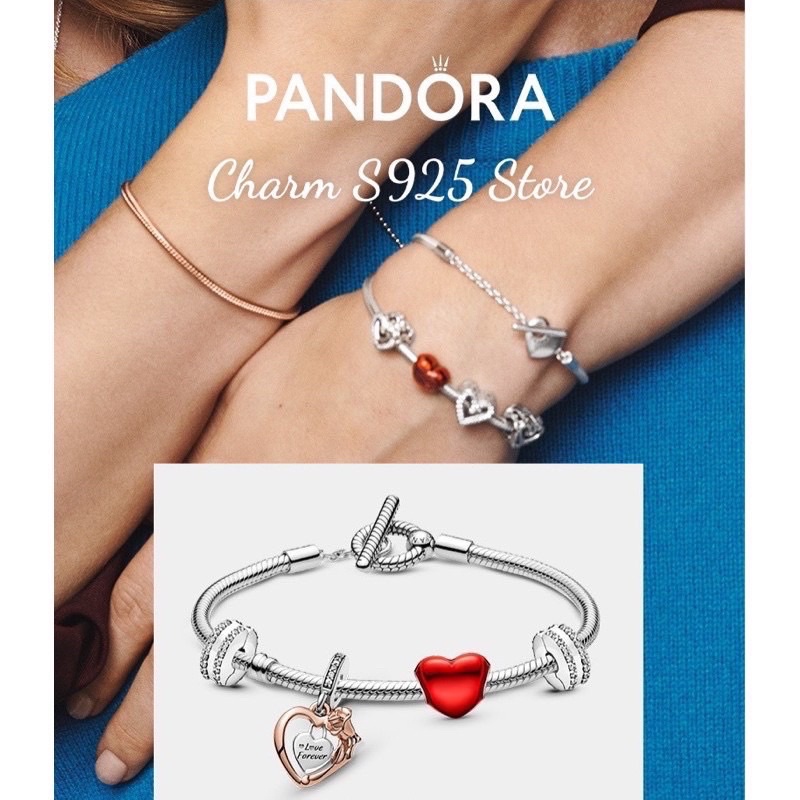 combo bộ vòng tay pan Ale khoá T mix 4 hạt charm tim hoa hồng bạc s925