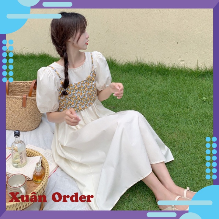 (Order 7-12 ngày, Freesize) Váy Dài Nữ Váy Nhỏ Mùa Hè Mới Váy Trắng Hoa Nhỏ Địu Hai Mảnh Phù Hợp Với