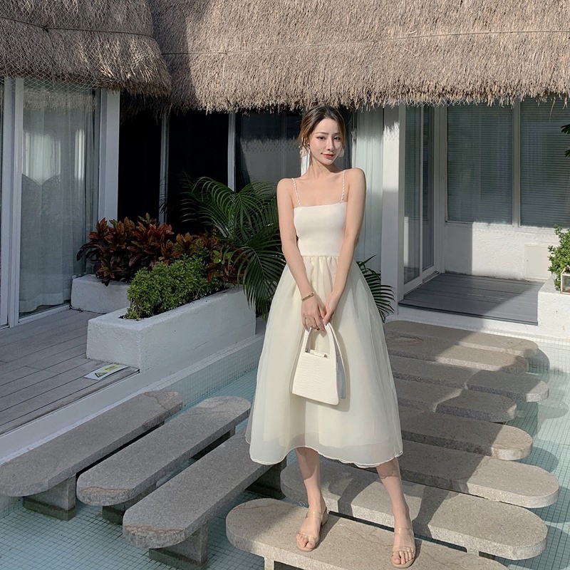 IELGY Đầm Dáng Chữ A Hai Dây Ôm Eo Màu Trơn Lãng Mạn Màu Sắc