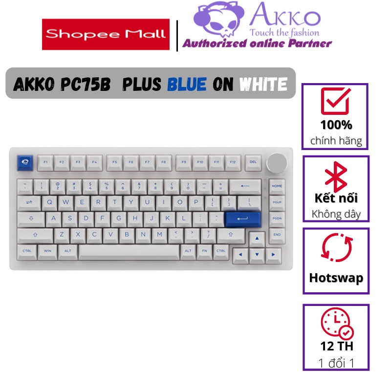 Bàn phím cơ AKKO PC75B Plus Blue on White (Bluetooth 5.0 / Wireless 2.4Ghz / Hotswap / Foam tiêu âm)