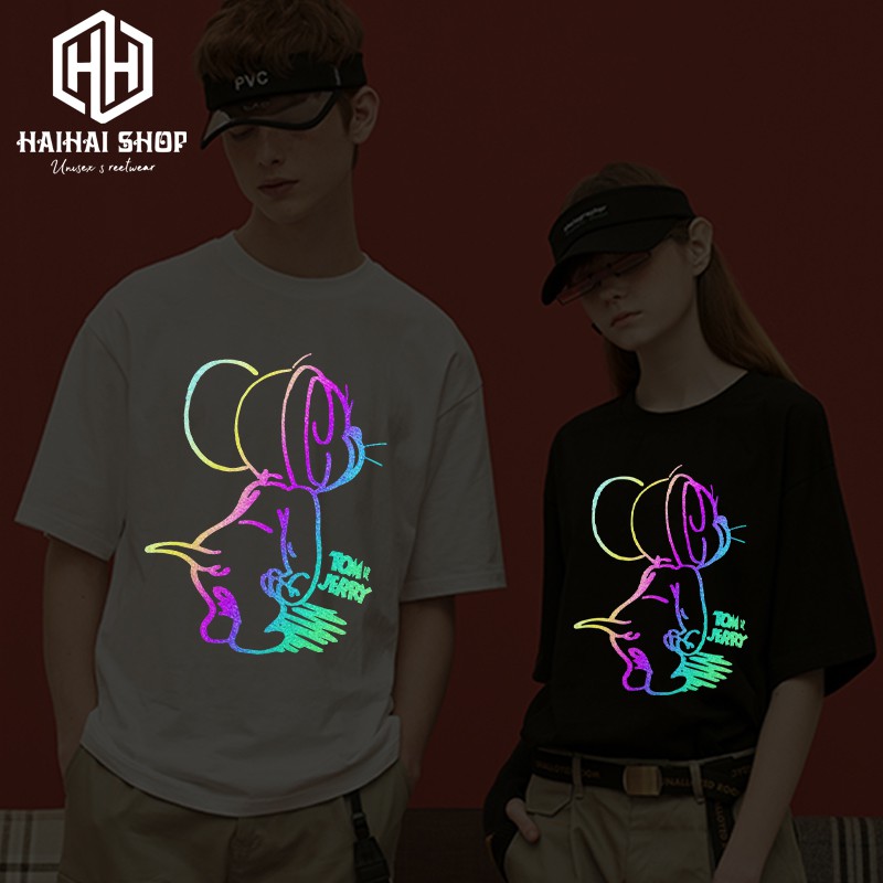 Áo Thun Phản Quang Chuột Jerry Cotton 75% Form Rộng Unisex Nam Nữ Đẹp.