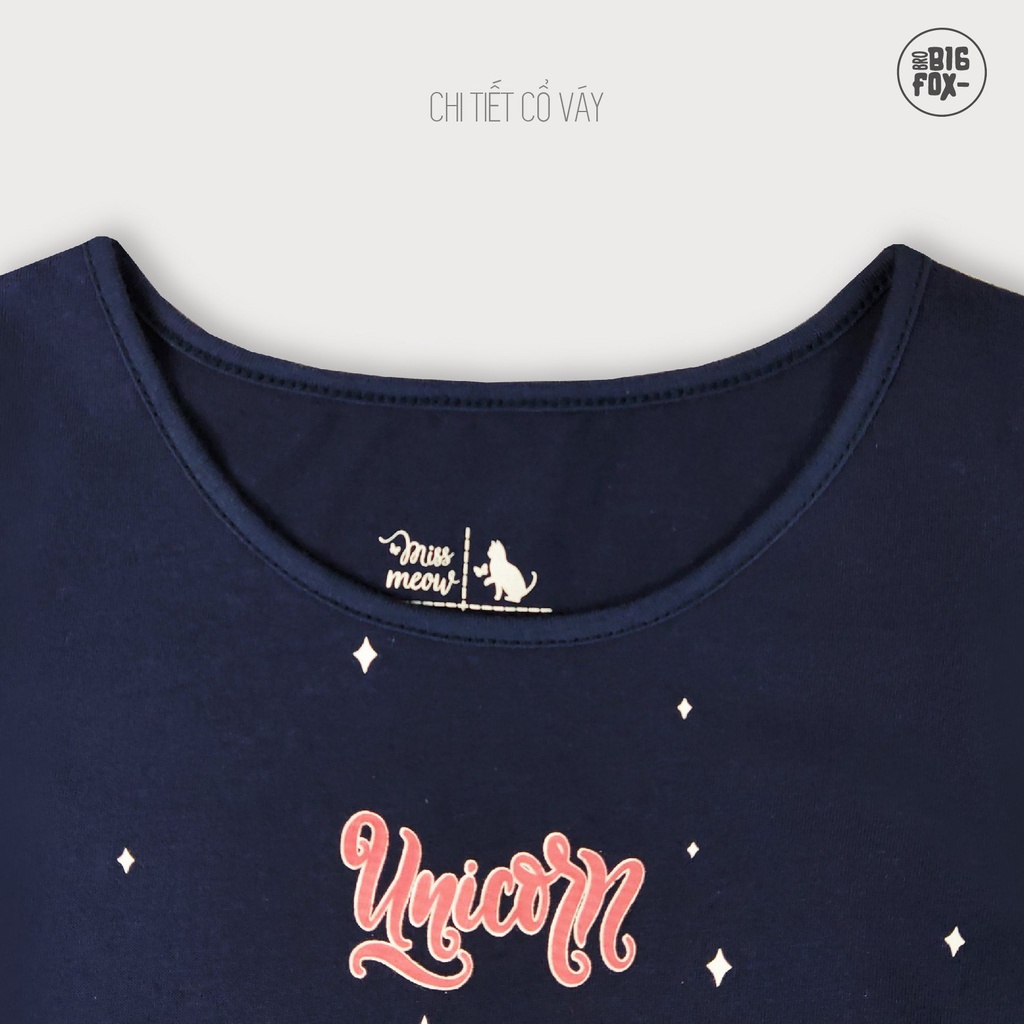 Đầm Hè Cho Bé Gái Miss Meow Tới Size Đại . Váy Cotton Thun Trẻ Em Bèo Gấu In Hình Ngựa Unicorn Màu Navy 3-11