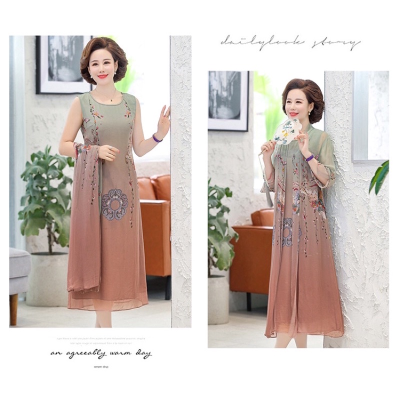 Set váy voan trung niên nữ cao cấp, màu sắc, hoạ tiết lạ, thanh lịch, trẻ trung NV0934