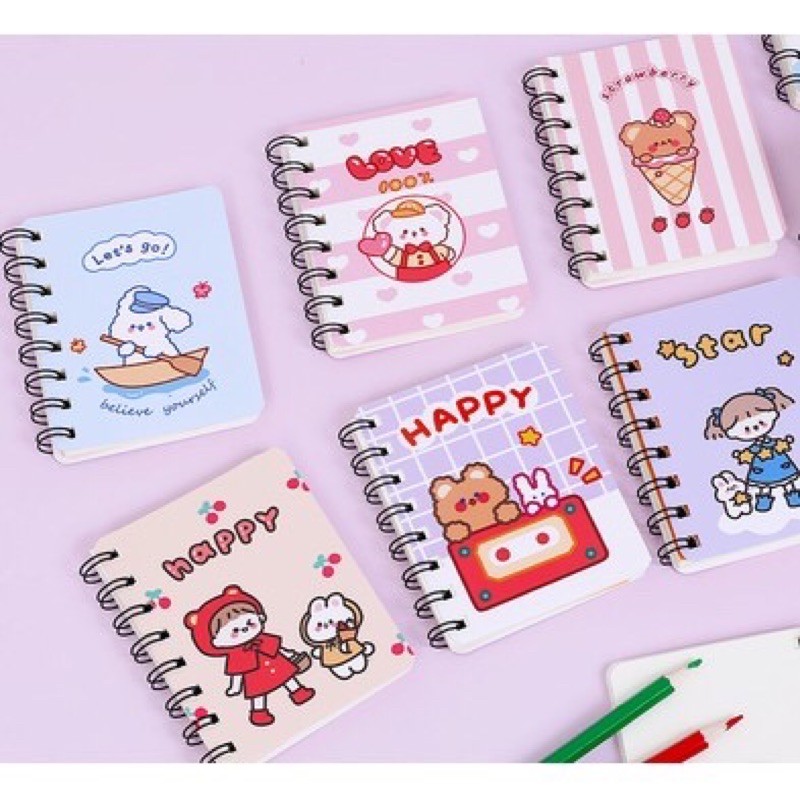 Sổ tay lò xo mini A7 hoạ tiết gấu/thỏ/cô gái