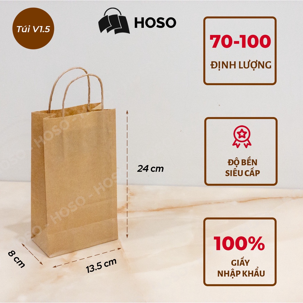 50 Túi giấy mini kraft Nhật nâu đựng mỹ phẩm, túi xi măng nhỏ đựng quà có quai V1.5