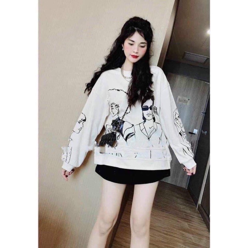 Áo Nỉ Cô Gái Tay Bồng Nữ [FREESHIP] 🌸 Sweater form rộng oversize màu trắng in hình cá tính Ulzzang 🌸