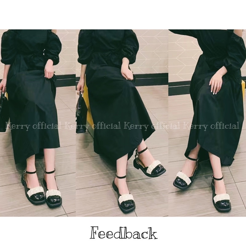 Giày mery jane mũi vuông KERRY vải nhún satin đế bệt phong cách vintage