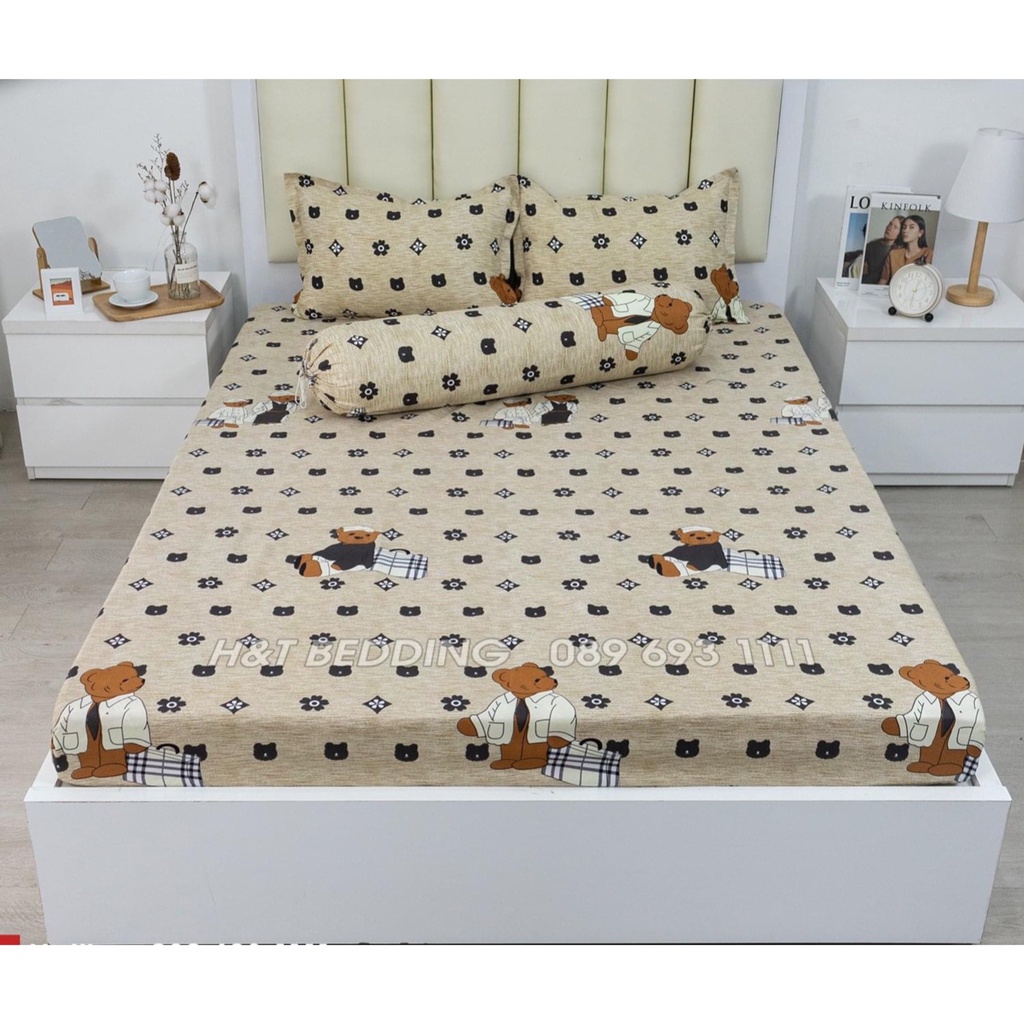 Bộ chăn ga gối gấu hoa nâu cotton poly, set chăn ga gối gấu hoa nâu cotton poly miễn phí bo chun ga giường