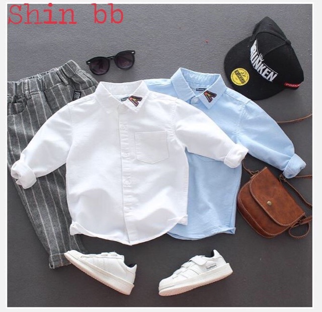 8-25kg. ÁO SƠ MI DÀI TAY BÉ TRAI CỔ THÊU CHỮ A BỐN MÀU CƠ BẢN SANG CHẢNH