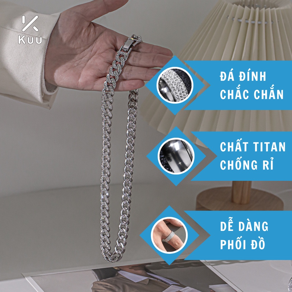 Vòng Cổ Nam Đính Đá Unisex Kuu Clothes Cuban HipHop Dạng Chuỗi Xích 12mm Streetwear Thép Titan Không Gỉ - Cuban Đá