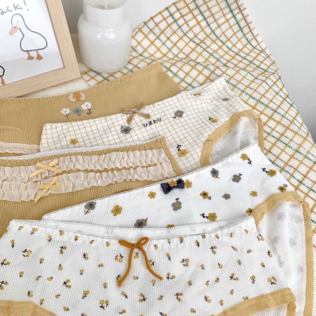 Quần Lót Cotton Tăm Họa Tiết Hoa Hoàng Kim Phong Cách Hàn Quốc Siêu Cute Dành Cho Bạn Nữ
