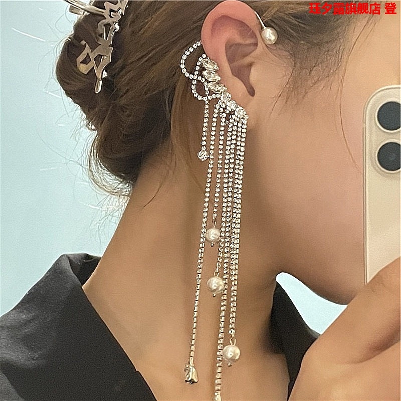 Bông Tai Dạng Kẹp Đính Pha Lê &amp; Ngọc Trai Kiểu Hình Học Phong Cách Cổ Điển Thời Trang Cho Nữ