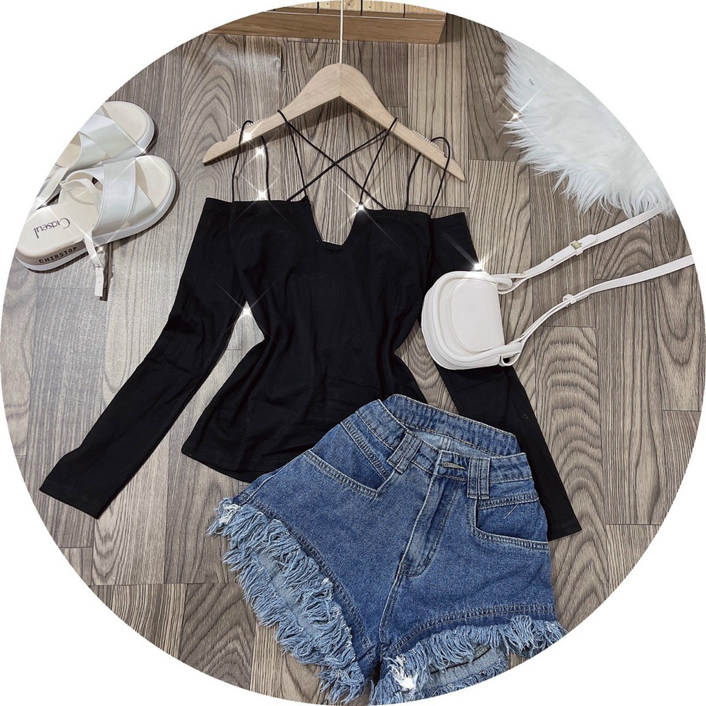 Áo Thun Dây Cổ Tay Dài Chất Thun Co Dãn Tốt