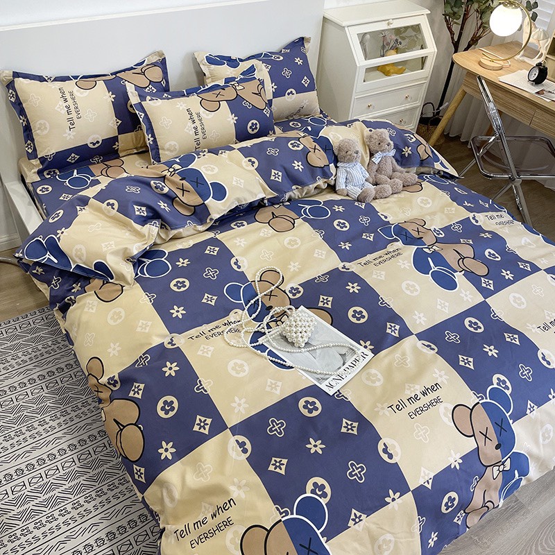 Bộ chăn ga gối cotton poly Lidaco decor phòng ngủ vintage - Bear rich (SP001472)