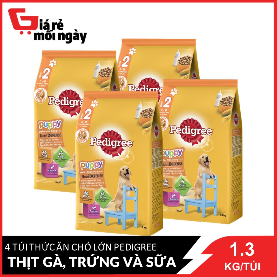 Nguyên Thùng 4 Gói Thức Ăn Cho Chó Con Từ 2 - 18 Tháng Hỗn Hợp Hoàn Chỉnh Pedigree Vị Thịt Gà, Trứng Và Sữa 1.3kg/gói x4