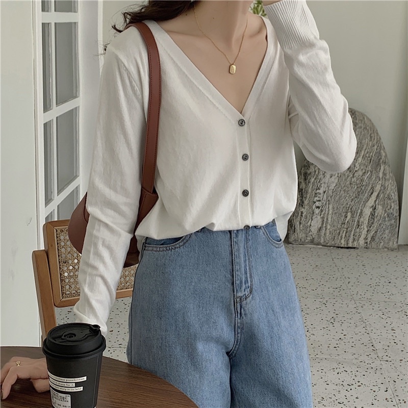 Áo khoác len dệt kim mỏng montagut cổ V nhiều màu basic ulzzang Hàn Quốc