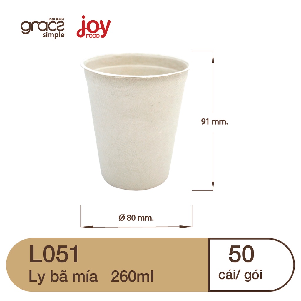 50 ly bã mía Gracz 260ml, ly dùng 1 lần đựng coffee nóng, trà đá, nước suối + Nắp Nhựa