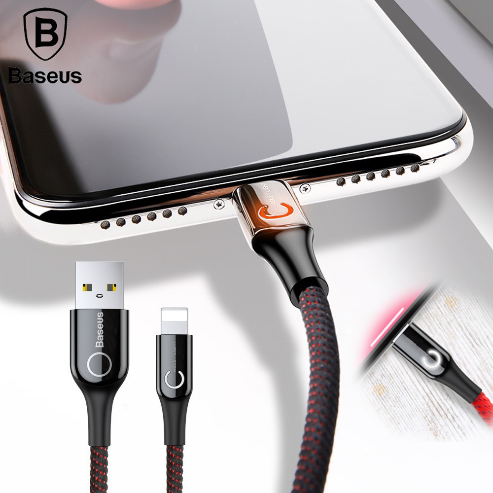 Dây sạc iphone tự ngắt điện Baseus dài 1m 2m - cáp sạc bọc dù có đèn led hiển thị cho ip ipad -vienthonghn