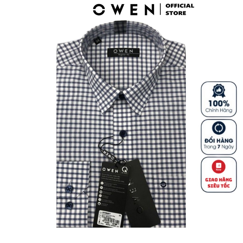 Áo Sơ Mi Nam Dài Tay Owen AR20852DT Somi Công Sở Cao Cấp Màu Kẻ Caro Xanh Trắng Dáng Regular Có Túi Chất Sợi Tre Mềm Mát