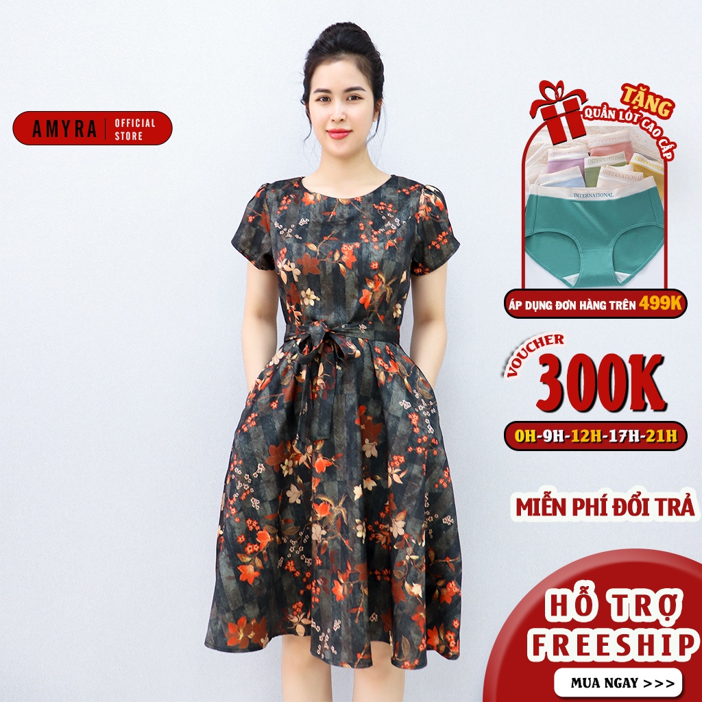 Đầm trung niên dự tiệc sang trọng AMYRA, thiết kế lụa hoa vân pháp cao cấp cho mẹ dáng xòe D116