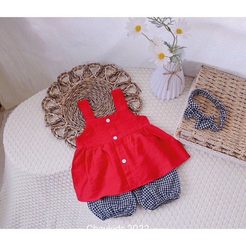 [ XẢ HÀNG] Bộ hè bé gái, bộ áo 2 dây chất đũi cài cúc phối quần thô kẻ và turban cho bé