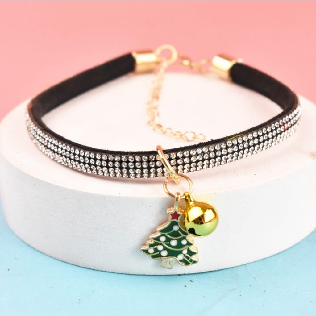 [Ảnh thật] Vòng cổ đính đá kèm chuông hoạt tiết cây thông nhiều màu sắc