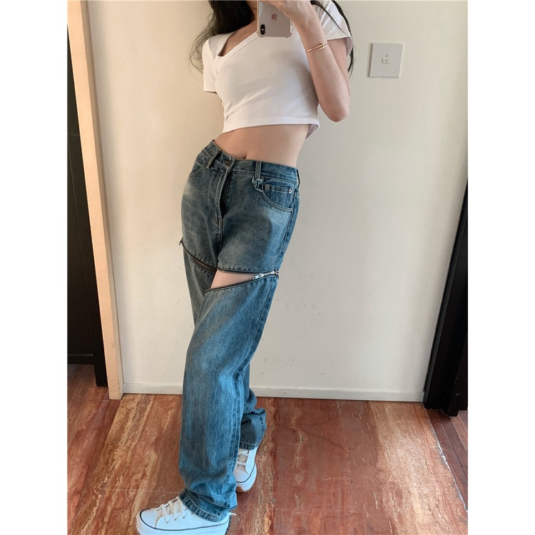 Quần bò Jeans ống rộng có khóa kéo mặc 2 kiểu