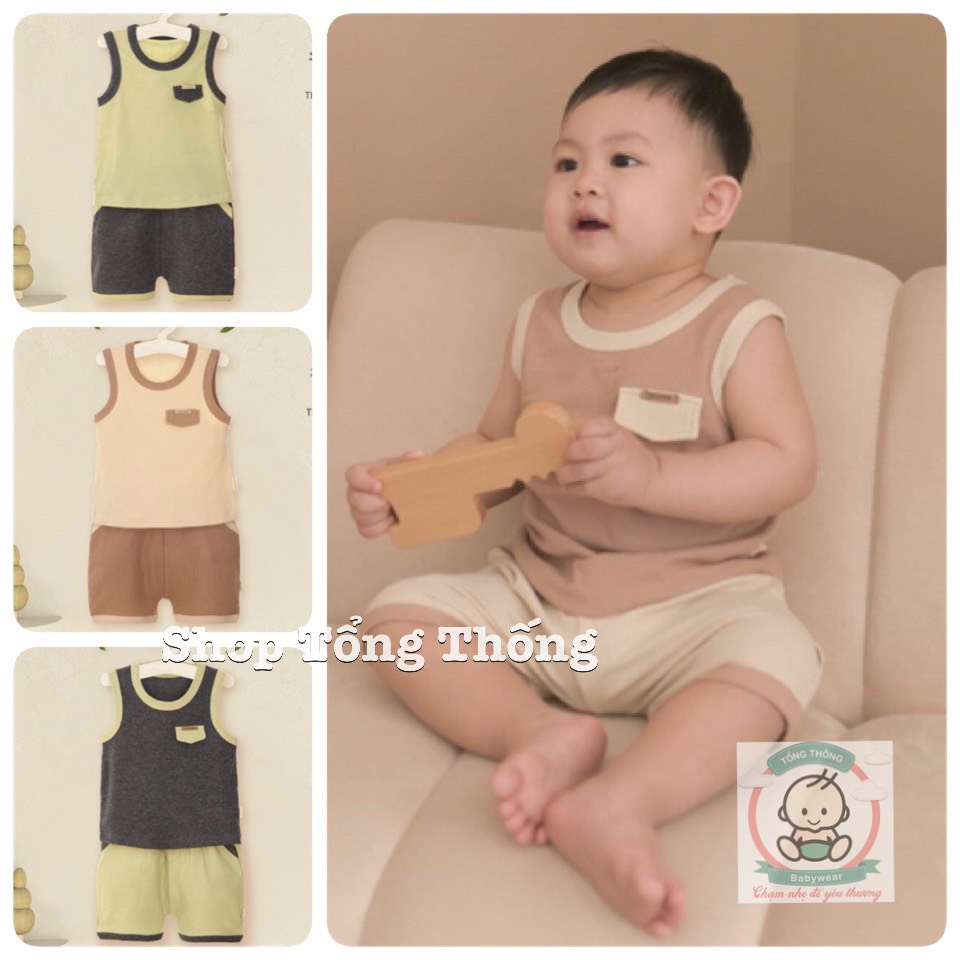 Bộ ba lỗ Uala Rogo chất vải Cotton Hàn Quốc cao cấp mềm mịn thấm hút tốt trơn gân có túi ốp ngực cho bé trai bé gái 3945