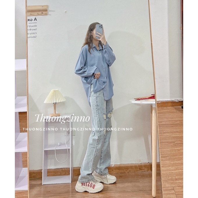 [Ảnh thật /Video]Quần ống rộng Xanh sáng cá tính thiết kế rách gối Quần ống rộng dáng Hàn Quốc