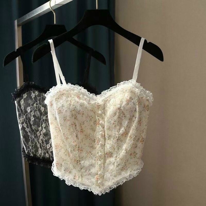 Áo Bra Hai Dây Croptop Phối Ren Họa Tiết Hoa Nhí, Áo Corset Lưng Chun Thoáng Mát | BigBuy360 - bigbuy360.vn