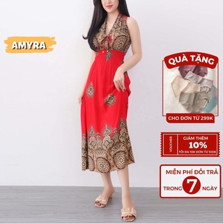 Đầm maxi trung niên đi biển cổ yếm thổ cẩm hở lưng AMYRA - Váy maxi dài lanh xẻ tà eo bo thun mùa hè cho mẹ MX109