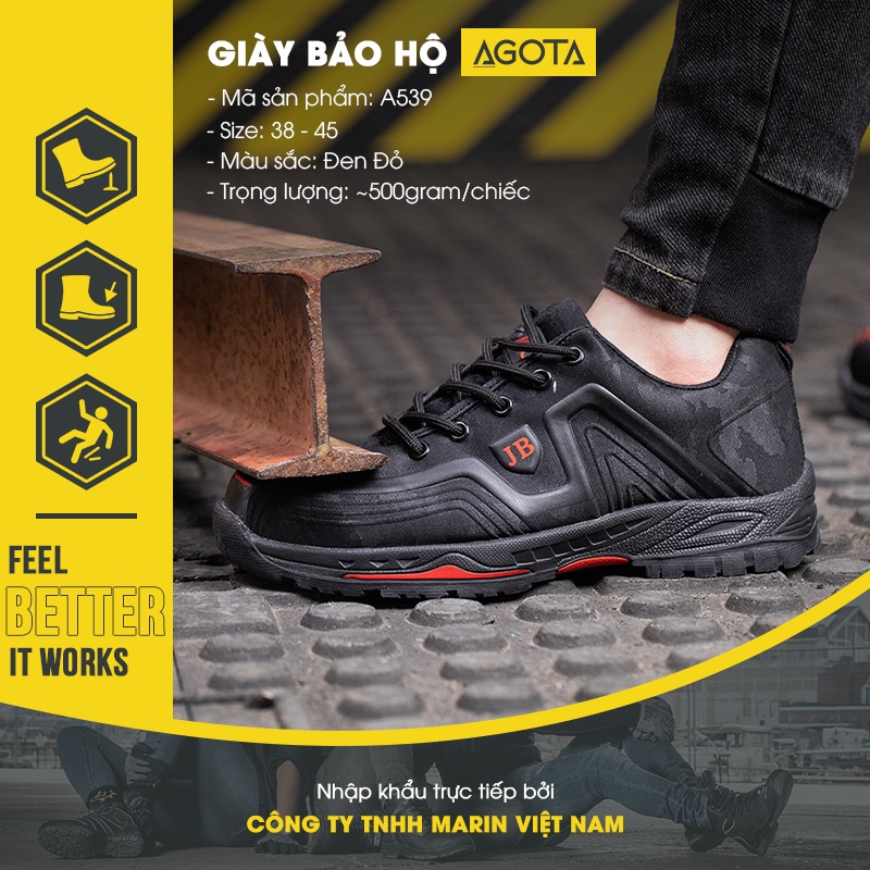 Giày bảo hộ lao động thể thao AGOTA JB539 siêu bền màu đen, có mũi thép chống va đập, đế lót thép chống đâm xuyên