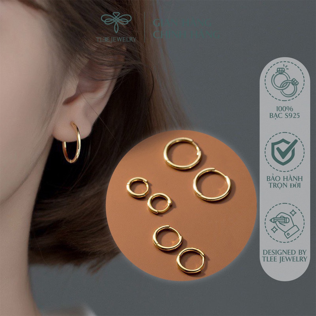 Khuyên tai bạc unisex TLEE tròn trơn chốt bấm nhiều size NCJ B0121