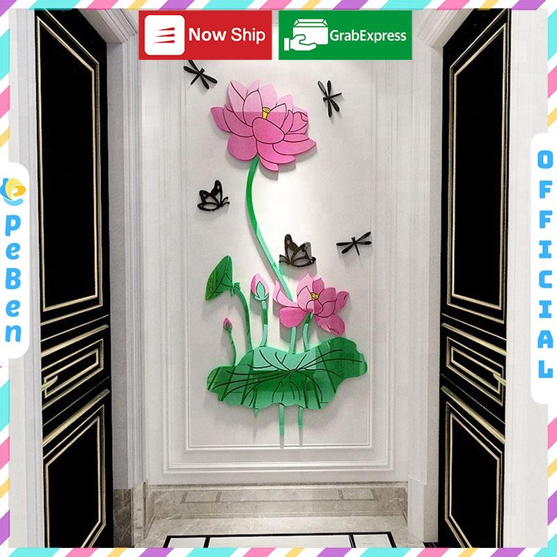 Tranh dán tường mica 3d decor khổ lớn khóm hoa sen nở rộ trang trí phòng khách, phòng ngủ Nhiều Size - EPeBen