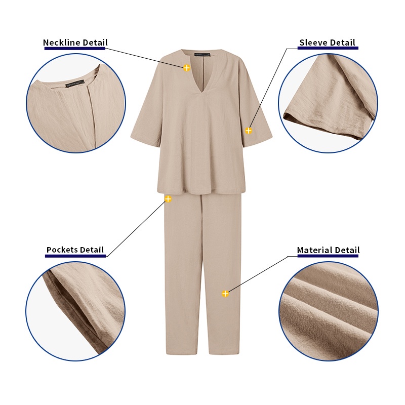 Bộ đồ ZANZEA cổ chữ V tay lỡ phối túi với quần lưng thun đơn giản thời trang dành cho nữ