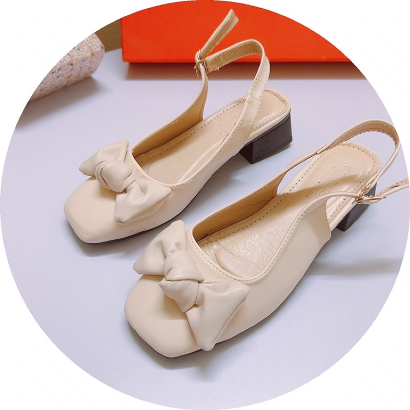 Giày sandal mũi vuông nơ ú gót vuông 3p bít mũi ảnh chụp thật