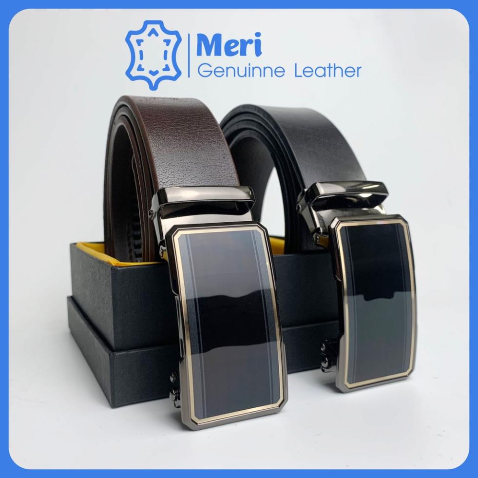 Thắt lưng nam da bò thật Meri A011 mặt bóng viền vàng sang trọng, dây nịt lưng New