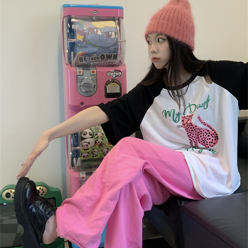 Áo Thun Ngắn Tay Dáng Rộng In Họa Tiết Da Báo Màu Sắc Tương Phản Thời Trang Mùa Hè Cho Nữ