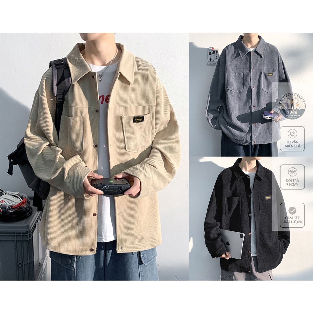 Áo Sơ Mi Nhung Tăm Nam, Áo Sơ Ni Dáng Rộng 2 Túi Ngực Thêu Logo Nam Nữ